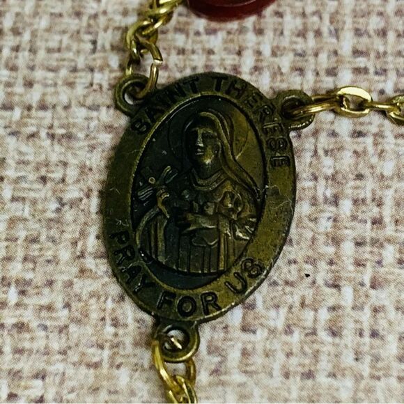 Gold Burgundy Beaded Rosary - Picture 2 of 3